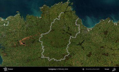 Guingamp. Copernicus Sentinel 'in Şubat 2020' de çekilen uydu görüntüsünde Fransa 'nın idari bölgesinin ana hatları belirlendi.
