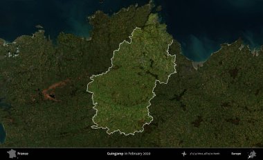 Guingamp. Fransa 'nın idari alanı, Şubat 2020' de çekilen Kopernik Nöbetçi karolarından oluşan koyu renkli bir uydu görüntüsü üzerinde vurgulandı ve özetlendi.