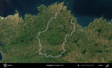 Guingamp. Copernicus Sentinel 'in Ağustos 2021' de çekilen uydu görüntüsünde Fransa 'nın idari bölgesinin ana hatları belirlendi.