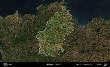 Guingamp. Fransa 'nın idari alanı, Temmuz 2022' de çekilen Kopernik Nöbetçi karolarından oluşan koyu renkli bir uydu görüntüsüyle vurgulandı ve özetlendi.