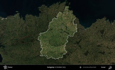 Guingamp. Fransa 'nın idari alanı, Ekim 2023' te çekilen Kopernik Nöbetçi karolarından oluşan koyu renkli bir uydu görüntüsü üzerinde vurgulandı ve özetlendi.