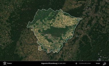 Haguenau-Wissembourg 'da. Fransa 'nın idari alanı, Haziran 2021' de çekilen Kopernik Sentinel karolarından oluşan koyu renkli bir uydu görüntüsü üzerinde vurgulandı ve özetlendi.