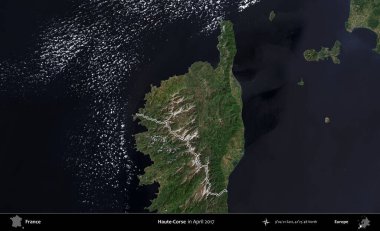 Haute-Corse. Nisan 2017 'de çekilen Kopernik Nöbetçi karolarından oluşan bir uydu görüntüsünde Fransa' nın idari bölgesinin ana hatları belirlendi.