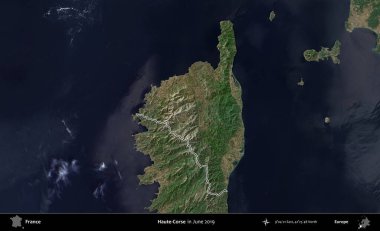 Haute-Corse. Copernicus Sentinel 'in Haziran 2019' da çekilen uydu görüntüsünde Fransa 'nın idari bölgesinin ana hatları belirlendi.