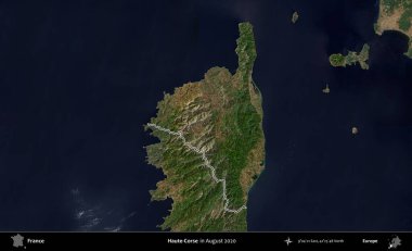 Haute-Corse. Copernicus Sentinel 'in Ağustos 2020' de çekilen uydu görüntüsünde Fransa 'nın idari bölgesinin ana hatları belirlendi.