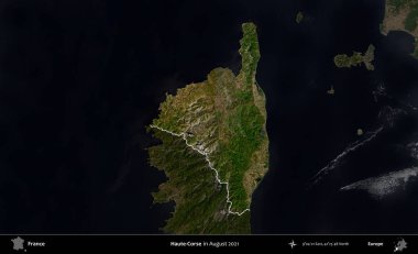 Haute-Corse. Fransa 'nın idari alanı, Ağustos 2021' de çekilen Kopernik Sentinel karolarından oluşan koyu renkli bir uydu görüntüsü üzerinde vurgulandı ve özetlendi.