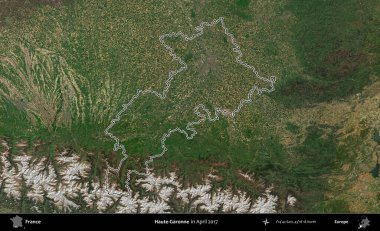 Haute-Garonne. Nisan 2017 'de çekilen Kopernik Nöbetçi karolarından oluşan bir uydu görüntüsünde Fransa' nın idari bölgesinin ana hatları belirlendi.