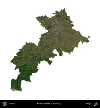 Haute-Garonne. Fransa 'nın idari bölgesi, Haziran 2023' te çekilen Kopernik Nöbetçi karolarından oluşan bir uydu görüntüsüyle beyaza izole edildi.