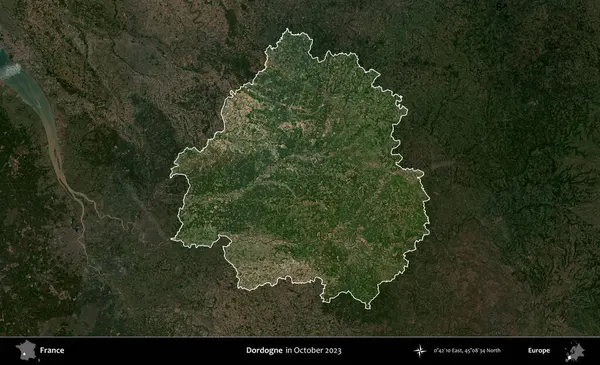Dordogne. Fransa 'nın idari alanı, Ekim 2023' te çekilen Kopernik Nöbetçi karolarından oluşan koyu renkli bir uydu görüntüsü üzerinde vurgulandı ve özetlendi.