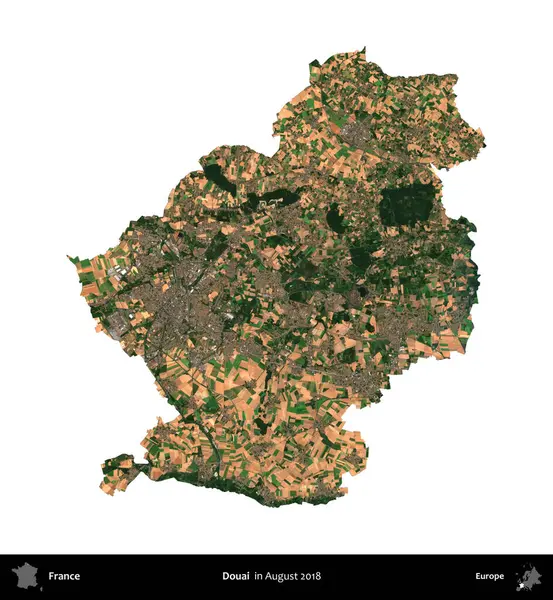 Douai. Fransa 'nın idari bölgesi, Ağustos 2018' de çekilen Kopernik Nöbetçi karolarından oluşan bir uydu görüntüsüyle beyaza izole edildi.