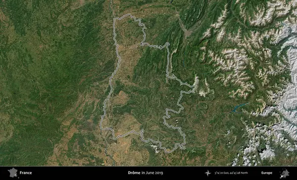Drome. Copernicus Sentinel 'in Haziran 2019' da çekilen uydu görüntüsünde Fransa 'nın idari bölgesinin ana hatları belirlendi.