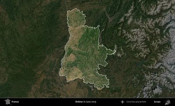 Drome. Fransa 'nın idari alanı, Haziran 2019' da çekilen Kopernik Sentinel karolarından oluşan koyu renkli bir uydu görüntüsü üzerinde vurgulandı ve özetlendi.