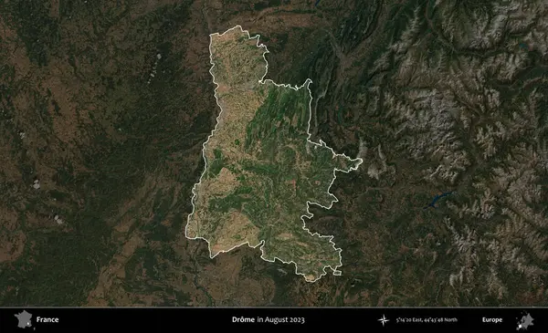 Drome. Fransa 'nın idari alanı, Ağustos 2023' te çekilen Kopernik Nöbetçi karolarından oluşan koyu renkli bir uydu görüntüsüyle vurgulandı ve özetlendi.