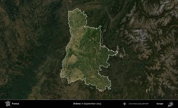 Drome. Fransa 'nın idari alanı, Eylül 2023' te çekilen Kopernik Nöbetçi karolarından oluşan koyu renkli bir uydu görüntüsü üzerinde vurgulandı ve özetlendi.