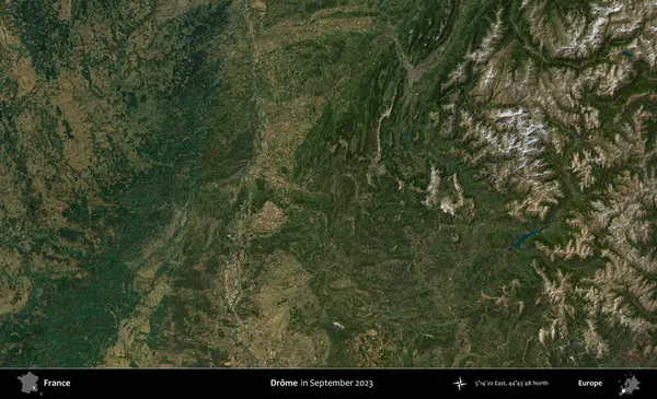 Drome. Copernicus Sentinel 'in Eylül 2023' te çekilmiş uydu görüntüsü üzerine Fransa 'nın idari bölgesi.
