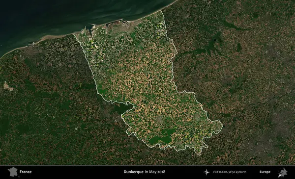 Dunkerque 'de. Fransa 'nın idari alanı, Mayıs 2018' de çekilen Kopernik Nöbetçi karolarından oluşan koyu renkli bir uydu görüntüsü üzerinde vurgulandı ve özetlendi.