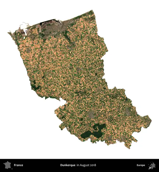 Dunkerque 'de. Fransa 'nın idari bölgesi, Ağustos 2018' de çekilen Kopernik Nöbetçi karolarından oluşan bir uydu görüntüsüyle beyaza izole edildi.