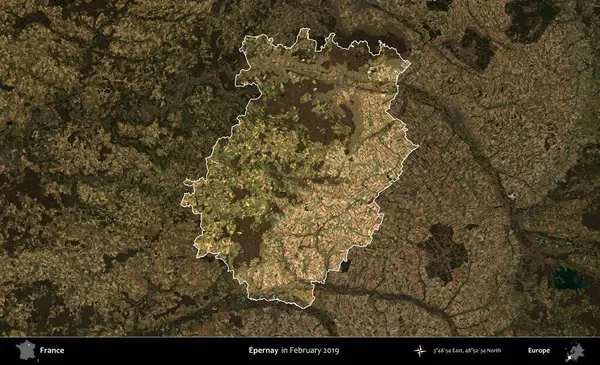 Epernay. Fransa 'nın idari alanı, Şubat 2019' da çekilen Kopernik Sentinel karolarından oluşan koyu renkli bir uydu görüntüsü üzerinde vurgulandı ve özetlendi.