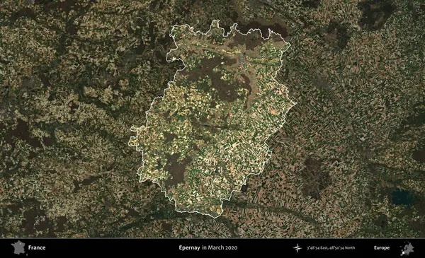 Epernay. Fransa 'nın idari alanı, Mart 2020' de çekilen Kopernik Nöbetçi karolarından oluşan koyu renkli bir uydu görüntüsü üzerinde vurgulandı ve özetlendi.