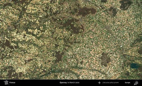 Epernay. Copernicus Sentinel 'in Mart 2020' de çekilmiş uydu görüntüsü üzerine Fransa 'nın idari bölgesi.