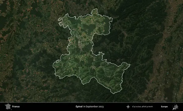 Epinal. Fransa 'nın idari alanı, Eylül 2023' te çekilen Kopernik Nöbetçi karolarından oluşan koyu renkli bir uydu görüntüsü üzerinde vurgulandı ve özetlendi.