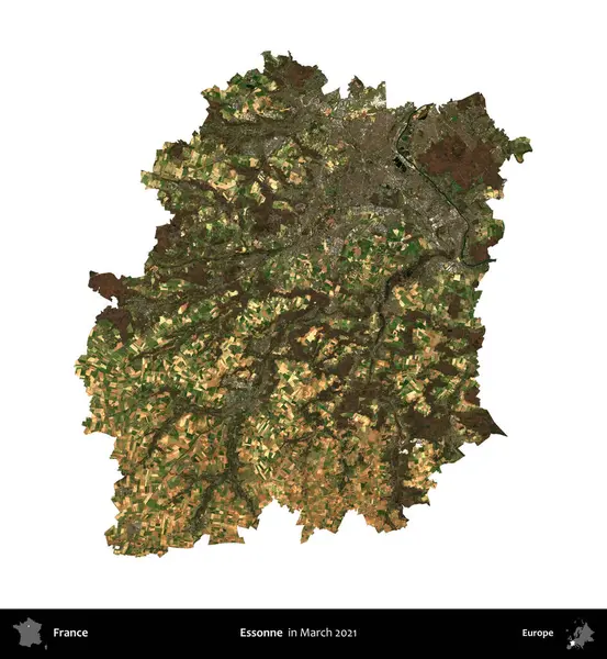 Essonne. Fransa 'nın idari bölgesi, Mart 2021' de çekilen Kopernik Nöbetçi karolarından oluşan bir uydu görüntüsüyle beyaza izole edildi.