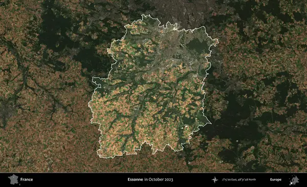 Essonne. Fransa 'nın idari alanı, Ekim 2023' te çekilen Kopernik Nöbetçi karolarından oluşan koyu renkli bir uydu görüntüsü üzerinde vurgulandı ve özetlendi.