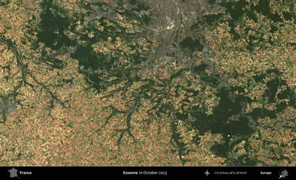 Essonne. Copernicus Sentinel 'in Ekim 2023' te çekilmiş uydu görüntüsü üzerine Fransa 'nın idari bölgesi.