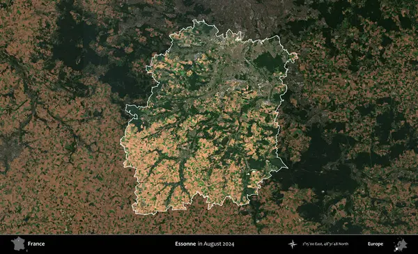Essonne. Fransa 'nın idari alanı, Ağustos 2024' te çekilen Kopernik Sentinel karolarından oluşan koyu renkli bir uydu görüntüsü üzerinde vurgulandı ve özetlendi.
