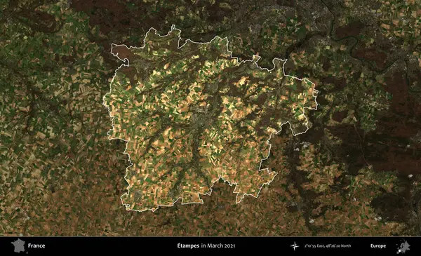 Etampes. Fransa 'nın idari alanı, Mart 2021' de çekilen Kopernik Sentinel karolarından oluşan koyu renkli bir uydu görüntüsü üzerinde vurgulandı ve özetlendi.