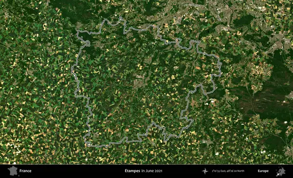 Etampes. Copernicus Sentinel 'in Haziran 2021' de çekilen uydu görüntüsünde Fransa 'nın idari bölgesinin ana hatları belirlendi.