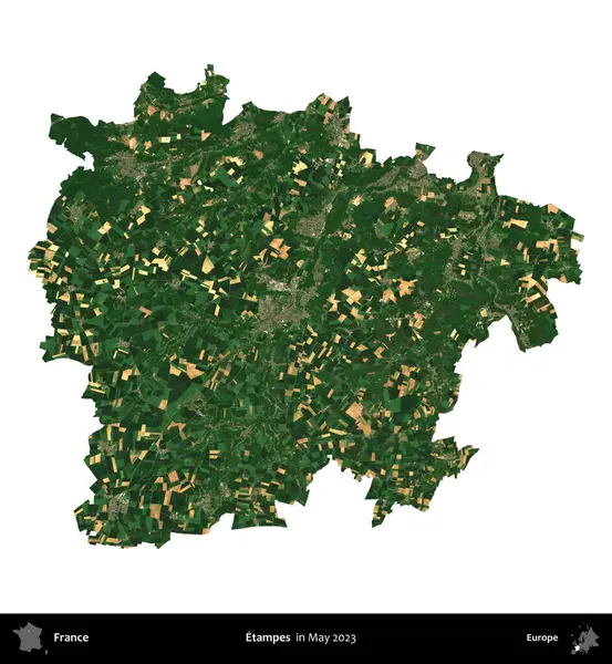 Etampes. Fransa 'nın idari bölgesi, Mayıs 2023' te çekilen Kopernik Nöbetçi karolarından oluşan bir uydu görüntüsüyle beyaza izole edildi.