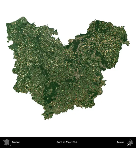 Eure. Fransa 'nın idari bölgesi, Mayıs 2020' de çekilen Kopernik Nöbetçi karolarından oluşan bir uydu görüntüsüyle beyaza izole edildi.