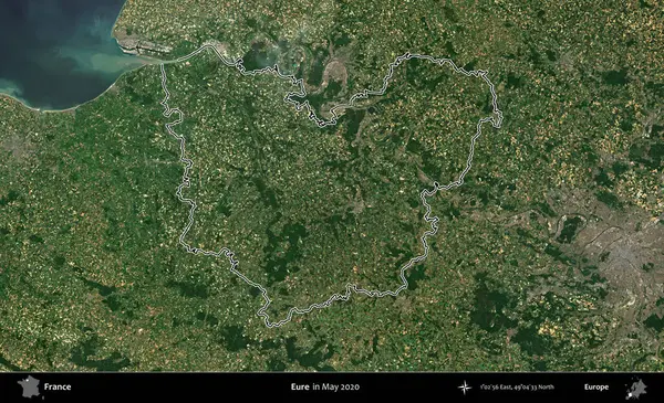 Eure. Mayıs 2020 'de çekilen Copernicus Sentinel karolarından oluşan bir uydu görüntüsünde Fransa' nın idari bölgesinin ana hatları belirlendi.