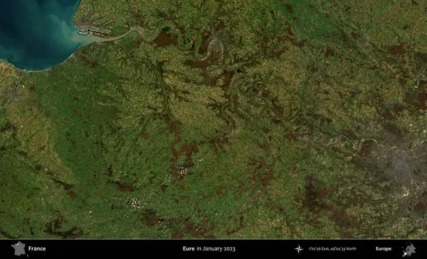 Eure. Copernicus Sentinel 'in Ocak 2023' te çekilmiş uydu görüntüsü üzerine Fransa 'nın idari bölgesi.