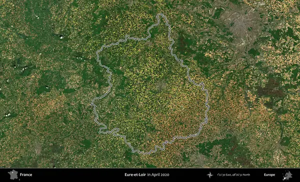 Eure-et-Loir. Nisan 2020 'de çekilen Kopernik Nöbetçi karolarından oluşan bir uydu görüntüsünde Fransa' nın idari bölgesinin ana hatlarını çizdim.