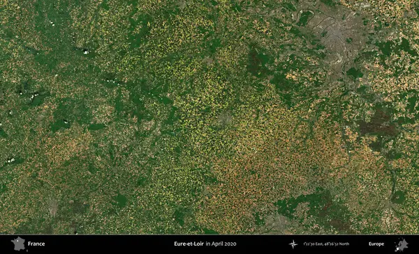 Eure-et-Loir. Nisan 2020 'de Copernicus Sentinel karolarından oluşan bir uydu görüntüsü üzerine Fransa' nın idari bölgesi