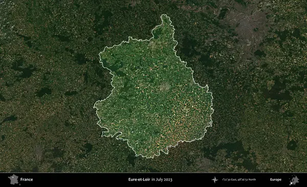 Eure-et-Loir. Fransa 'nın idari alanı, Temmuz 2023' te çekilen Kopernik Nöbetçi karolarından oluşan koyu renkli bir uydu görüntüsüyle vurgulandı ve özetlendi.