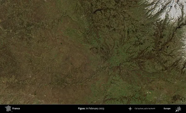 Figeac. Copernicus Sentinel 'in Şubat 2023' te çekilmiş uydu görüntüsü üzerine Fransa 'nın idari bölgesi.