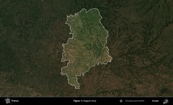 Figeac. Fransa 'nın idari alanı, Ağustos 2023' te çekilen Kopernik Nöbetçi karolarından oluşan koyu renkli bir uydu görüntüsüyle vurgulandı ve özetlendi.