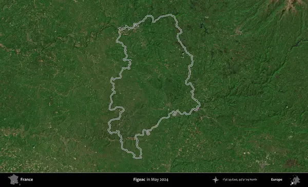 Figeac. Mayıs 2024 'te çekilen Copernicus Sentinel karolarından oluşan bir uydu görüntüsünde Fransa' nın idari bölgesinin ana hatlarını çizdim.