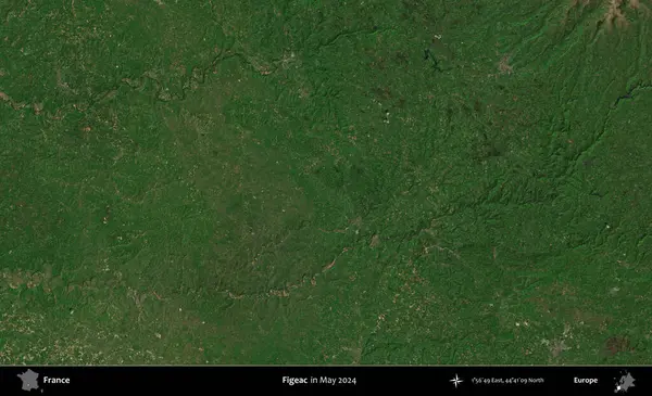 Figeac. Mayıs 2024 'te Copernicus Sentinel karolarından oluşan bir uydu görüntüsü üzerine Fransa' nın idari bölgesi