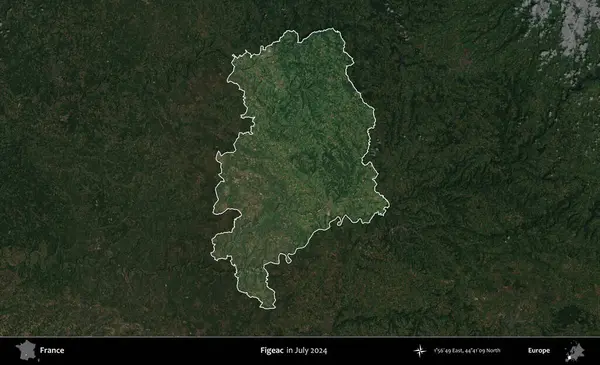 Figeac. Fransa 'nın idari alanı, Temmuz 2024' te çekilen Kopernik Nöbetçi karolarından oluşan koyu renkli bir uydu görüntüsüyle vurgulandı ve özetlendi.