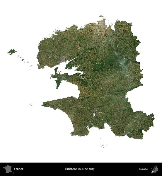 Finistere. Fransa 'nın idari bölgesi, Haziran 2017' de çekilen Kopernik Nöbetçi karolarından oluşan bir uydu görüntüsüyle beyaza izole edildi.
