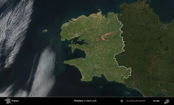 Finistere. Fransa 'nın idari alanı, Nisan 2018' de çekilen Kopernik Nöbetçi karolarından oluşan koyu renkli bir uydu görüntüsü üzerinde vurgulandı ve özetlendi.