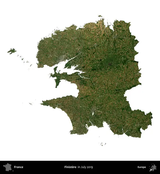 Finistere. Fransa 'nın idari bölgesi, Temmuz 2019' da çekilen Kopernik Nöbetçi karolarından oluşan uydu görüntüsüyle beyaza izole edildi.