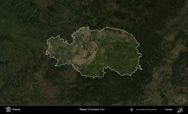 Florac. Fransa 'nın idari alanı, Ekim 2021' de çekilen Kopernik Nöbetçi karolarından oluşan koyu renkli bir uydu görüntüsü üzerinde vurgulandı ve özetlendi.