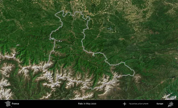 Foix. Mayıs 2020 'de çekilen Copernicus Sentinel karolarından oluşan bir uydu görüntüsünde Fransa' nın idari bölgesinin ana hatları belirlendi.