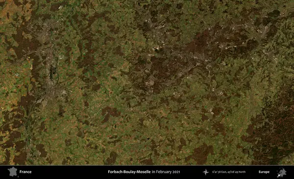 Forbach-Boulay-Moselle. Copernicus Sentinel 'in Şubat 2021' de çekilmiş uydu görüntüsü üzerine Fransa 'nın idari bölgesi.