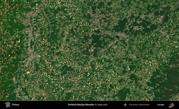 Forbach-Boulay-Moselle. Copernicus Sentinel 'in Haziran 2021' de çekilmiş uydu görüntüsü üzerine Fransa 'nın idari bölgesi.